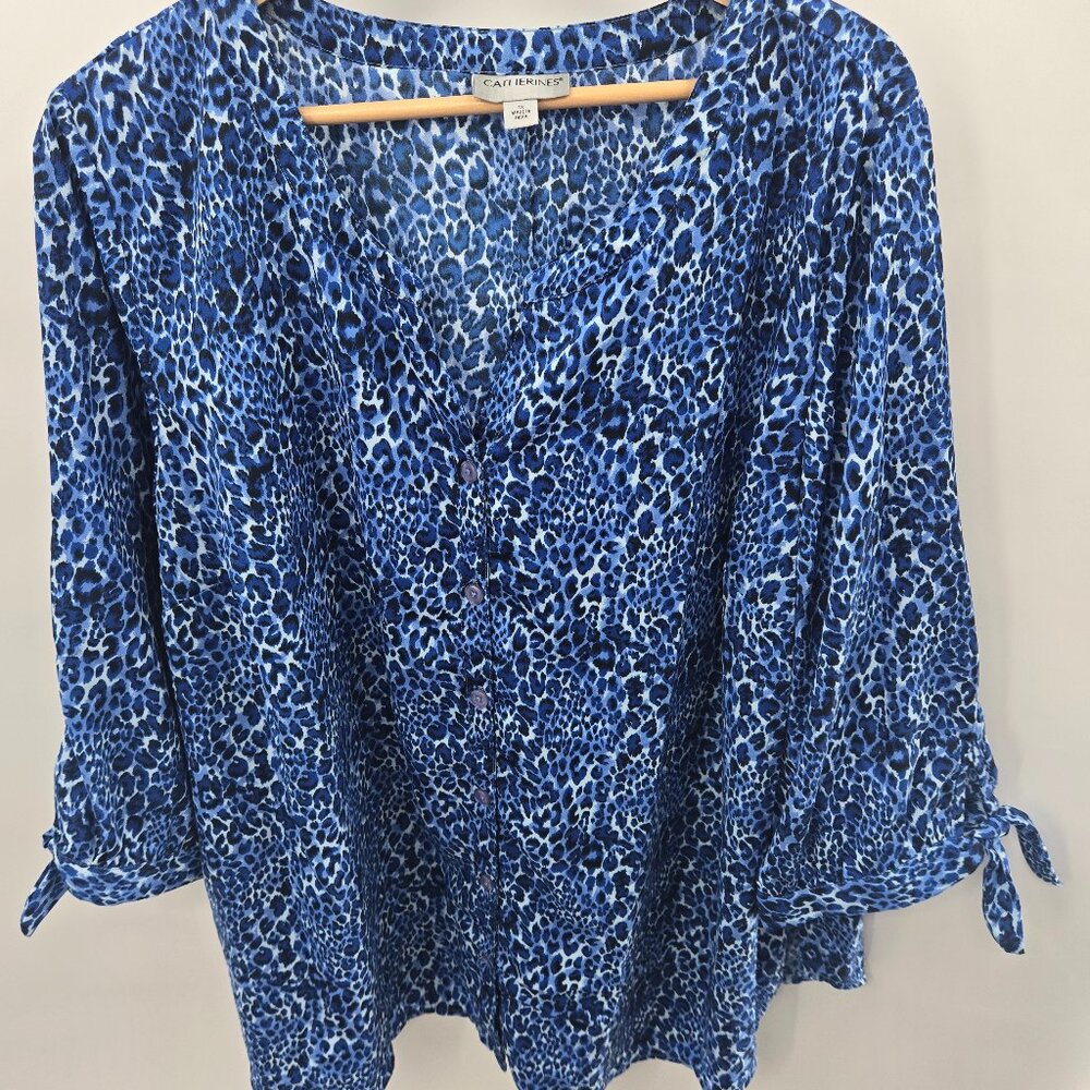 Catherines Blue Animal Print Button Down Blouse Size 1x